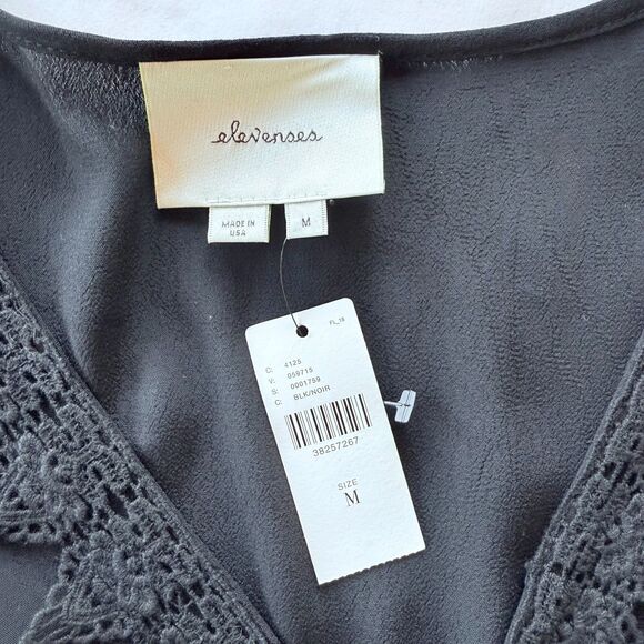 NWT Anthropologie Elevenses Lace-Trimmed Romper 3/4 Sleeves V-Neck in Black Sz M - Picture 8 of 15